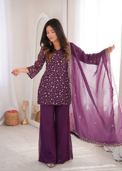 Designer Crunchy Silk Kurta Bell Bottom Set With Embroidery Sequence & Zari Work Dupatta