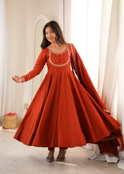 Premium Roman Chanderi Silk Anarkali Suit with Pant & Dupatta