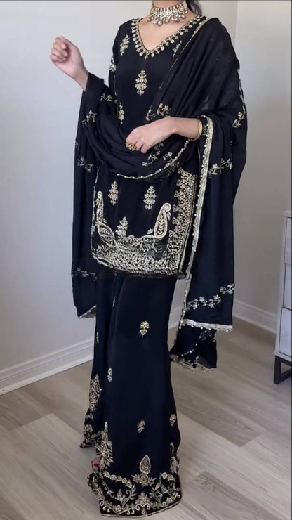 Heavy Chinnon Silk 5mm Sequence Embroidered Palazzo Suit With Dupatta