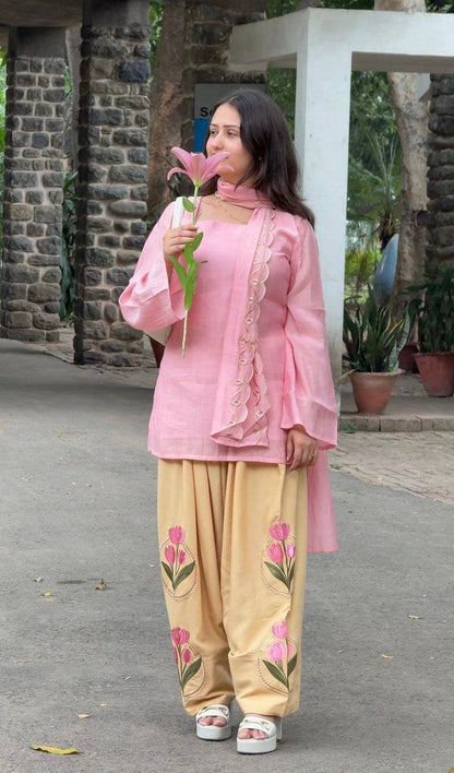 Heavy Mal Cotton Farshi Salwar Suit Set with Embroidered Roman Silk Salwar & Dupatta