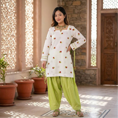Pure Cambric Cotton Embroidered Kurta Farshi Pant Set with Chiffon Dupatta