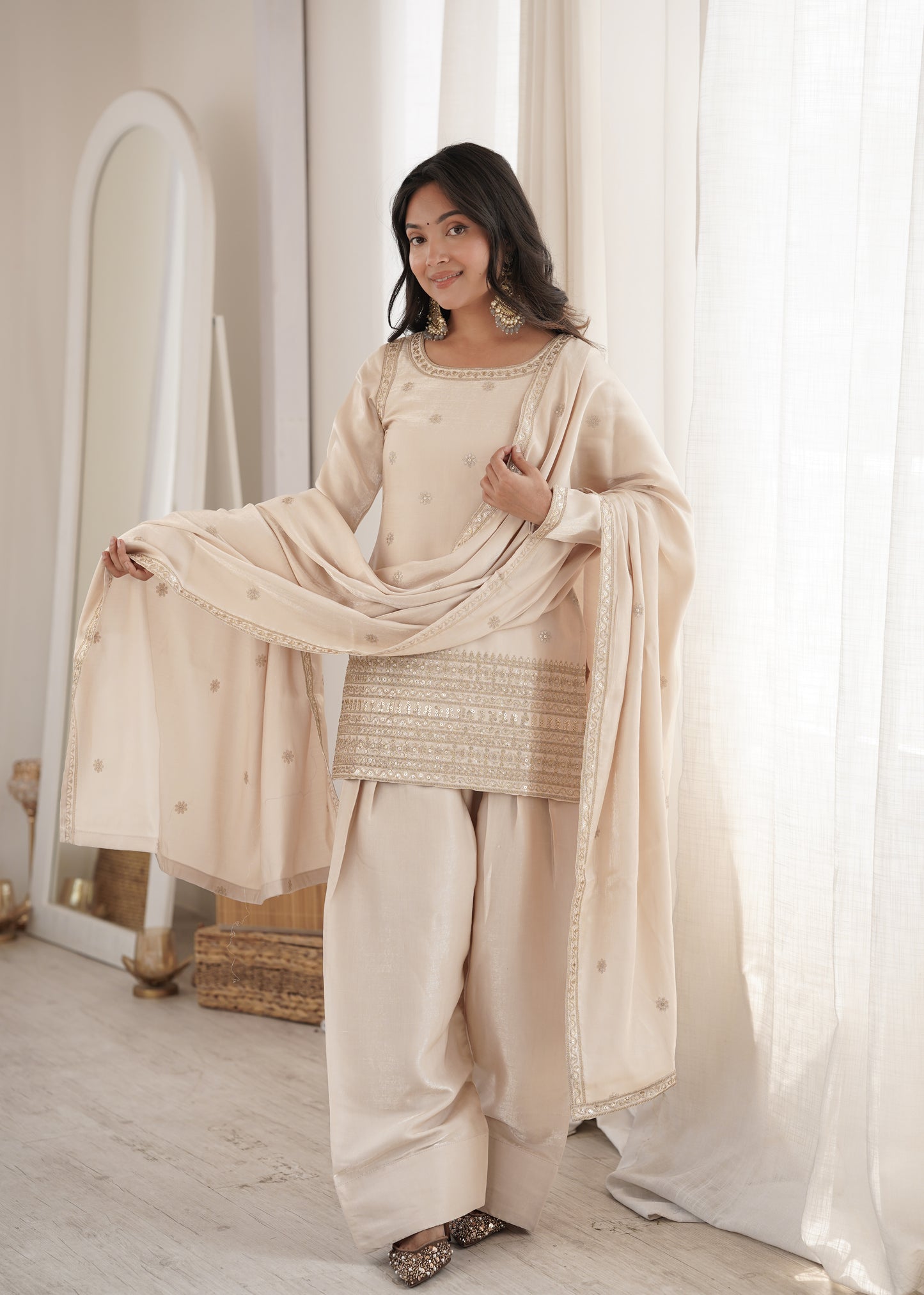Designer Glass Roman Silk Embroidered Kurta with Farshi Shalwar & Dupatta Set