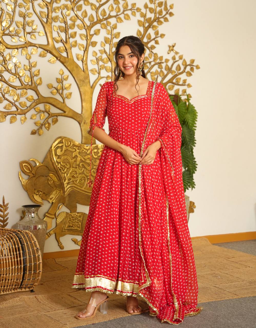 Bandhej Print Faux Georgette Gown Set with Dupatta & Bottom