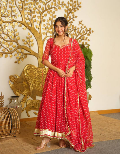 Bandhej Print Faux Georgette Gown Set with Dupatta & Bottom