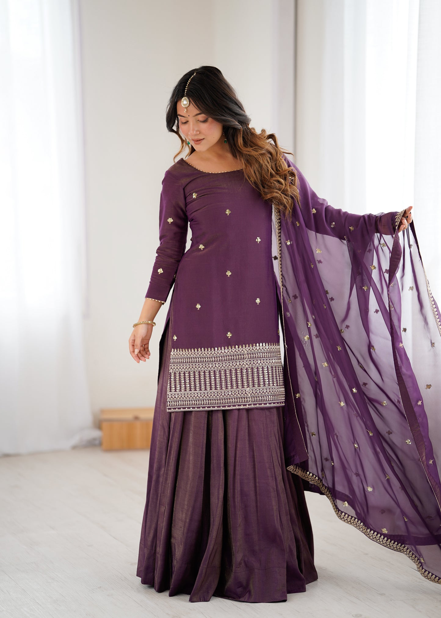 Premium Roman Shimmer Silk Kurta Lehenga Set for Women