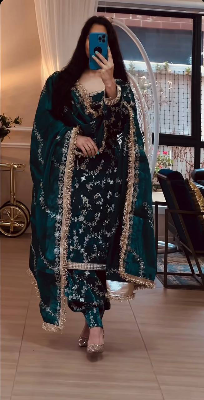 Pure Frendy Silk Heavy Embroidered Patiala Suit Set with Dupatta