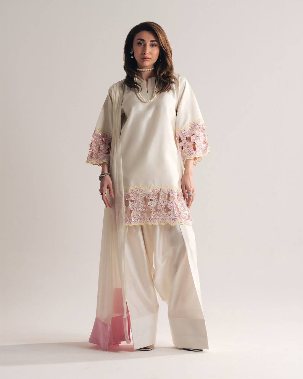 Designer Crepe Silk Farshi Salwar Suit with Moti Work