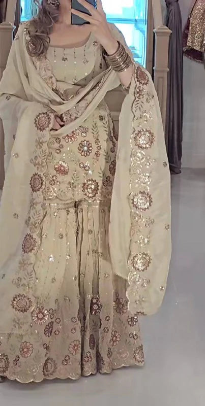 Designer Heavy Chinnon Silk Sequin Embroidered Sharara Palazzo Set with Dupatta
