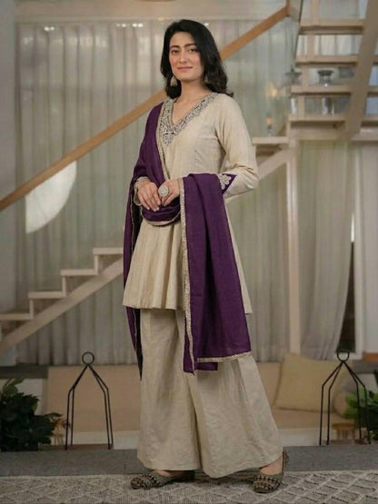 Women's Heavy Roman Silk Embroidered Sharara Suit Set with Hand Work, Chinnon Silk Dupatta