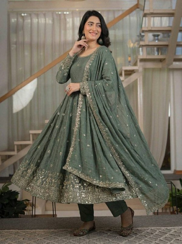 Women's Heavy Crunchy Silk Anarkali Suit Set with Embroidered Dupatta