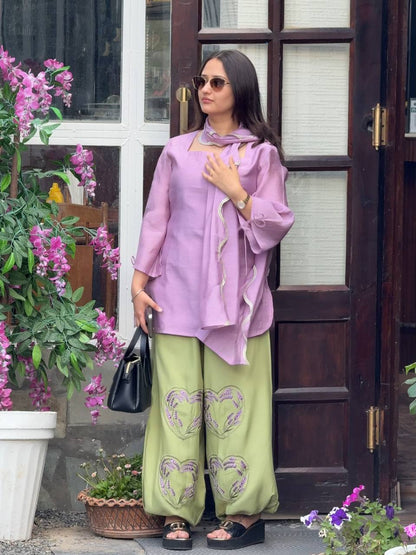 Designer Mal Chanderi Cotton Top With Embroidered Balloon Pant & Dupatta Set