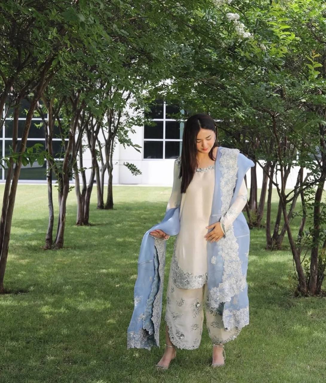 Elegant Roman Glass Embroidered Kurta Palazzo Set with Organza Dupatta