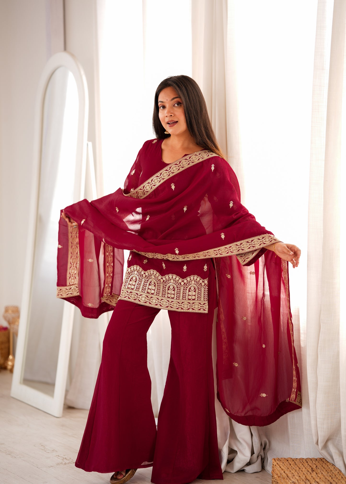 Designer Crunchy Silk Embroidered Kurta Bell Bottom Pant Set with Dupatta