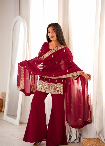 Designer Crunchy Silk Embroidered Kurta Bell Bottom Pant Set with Dupatta