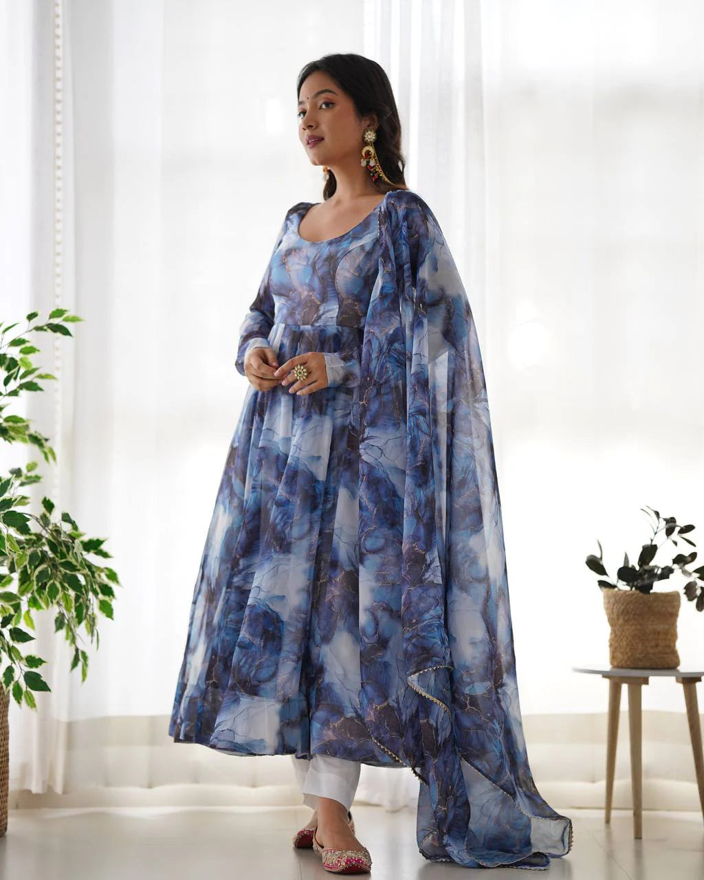 Women’s Pure Soft Organza Silk Marble Print Anarkali Suit Set with Gota Patti Dupatta