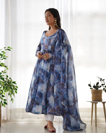 Women’s Pure Soft Organza Silk Marble Print Anarkali Suit Set with Gota Patti Dupatta