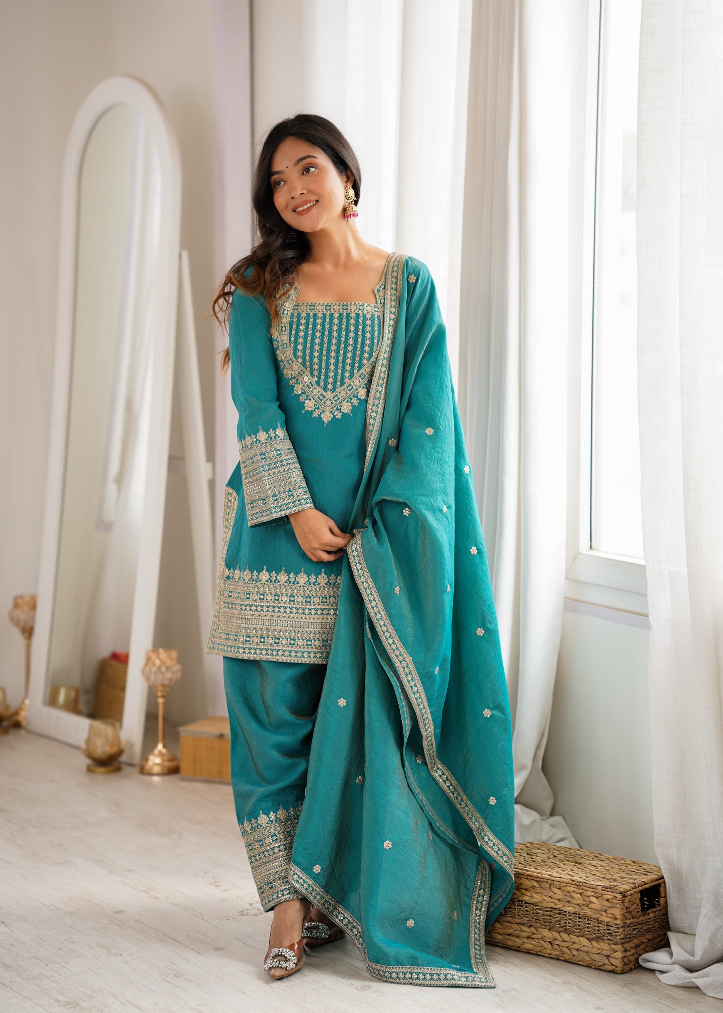 Party Wear NC Vichitra Silk Farshi Shalwar Set with Lace Dupatta
