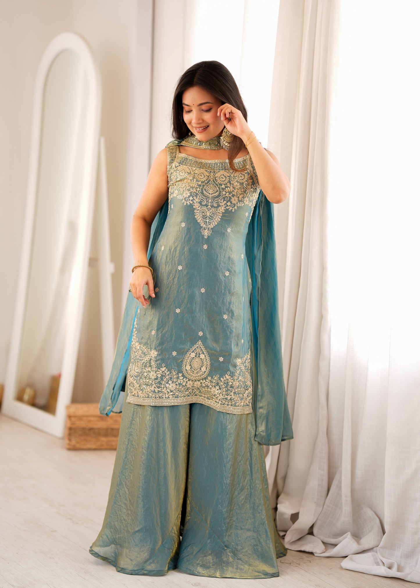 Premium Pure Fendy Silk Embroidered Sharara Set with Dupatta