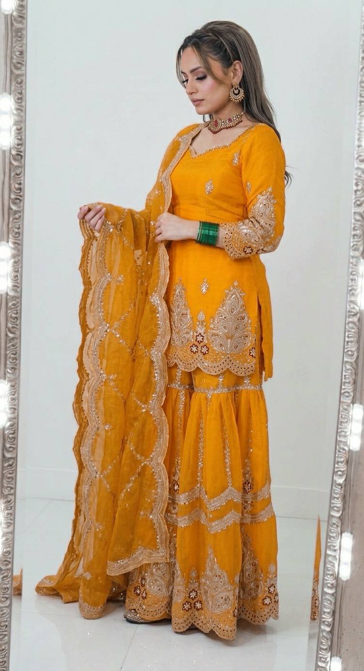 Mustard Designer Sharara Suit Set | Heavy Fandy Crush with 5mm Sequin & Embroidery Work