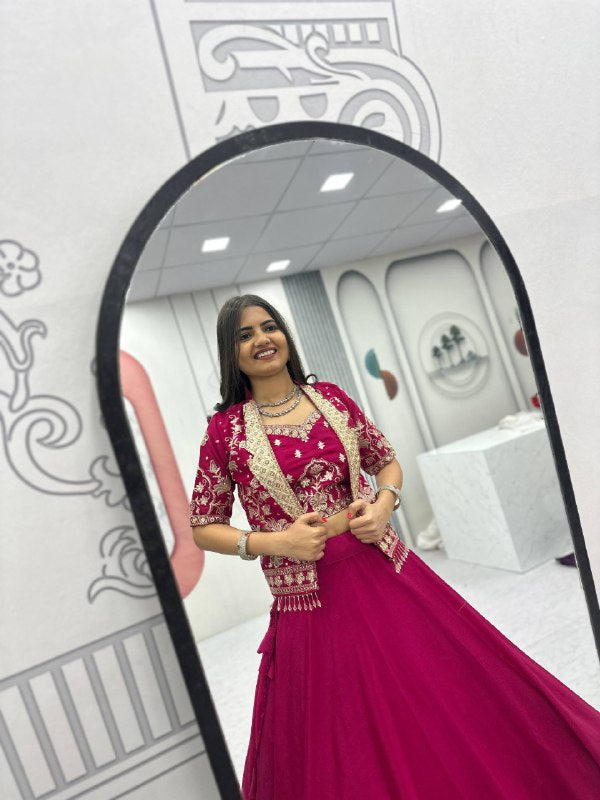 Designer Chinon Crop Top Lehenga Set with Heavy Embroidery Jacket