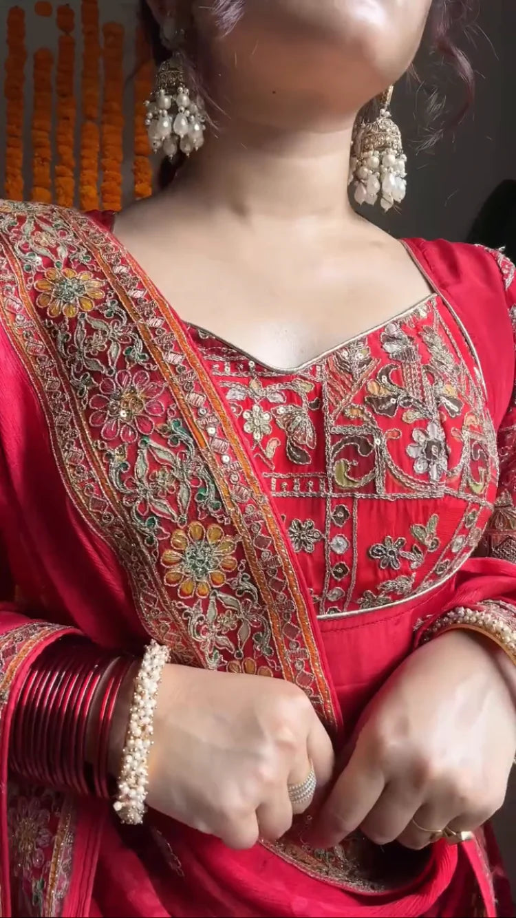 Royal Red Anarkali Set with Heavy Embroidery | Bridal & Festive Wear