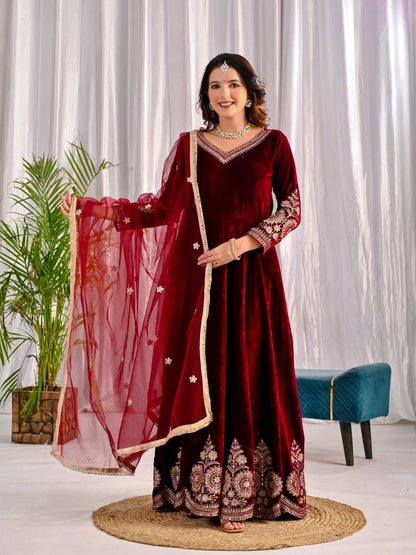 Royal Party Wear Velvet Anarkali Suit with Embroidered Net Dupatta