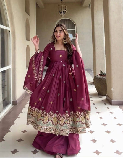 Heavy Natural Crepe Silk Embroidered Anarkali Suit Set with Palazzo & Dupatta