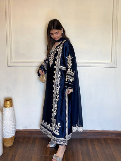 Premium Satin Rayon Embroidered Long Kaftan Set