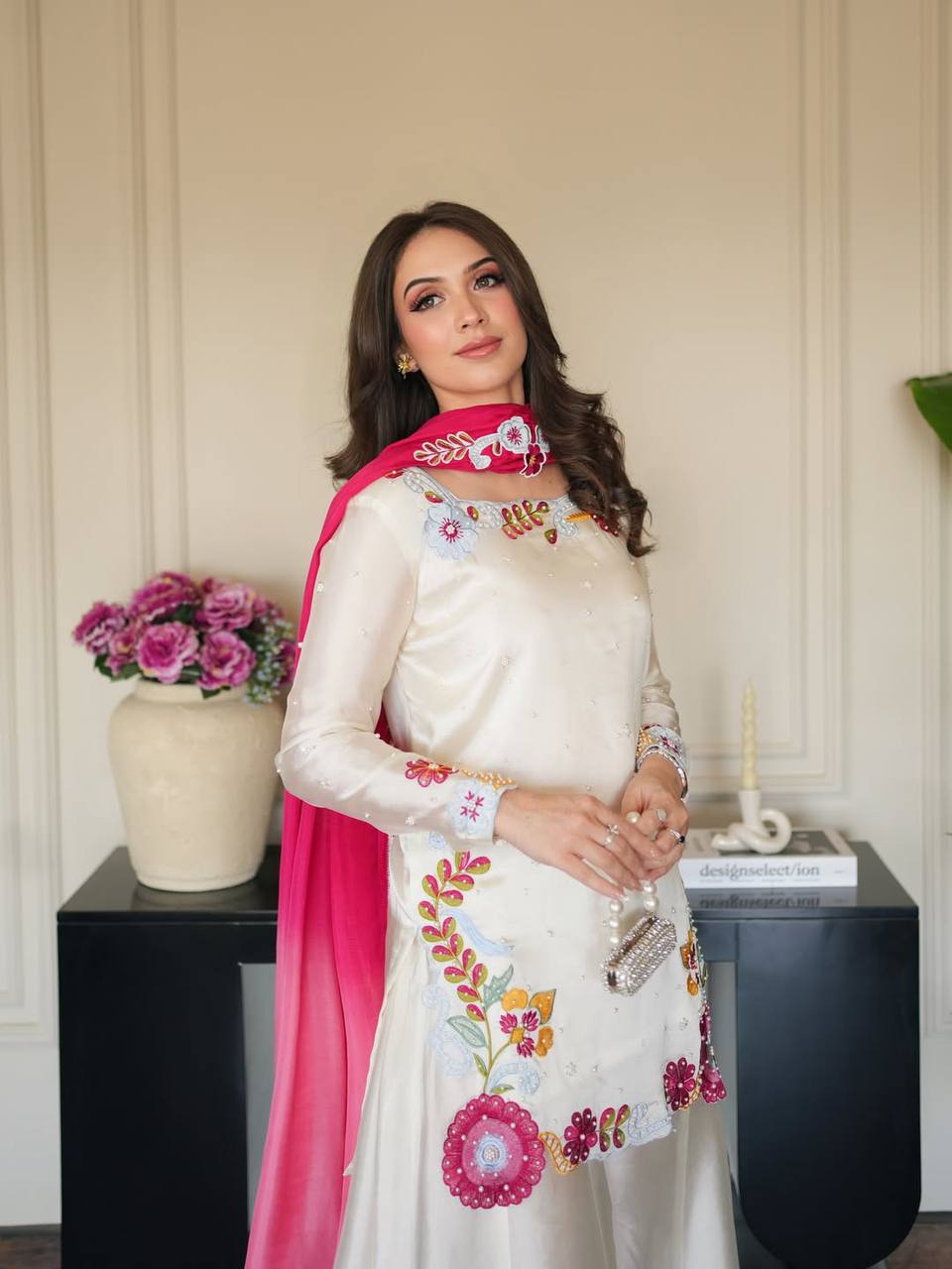Heavy Roman Glass Silk Embroidered Sharara Suit Set with Chiffon Dupatta