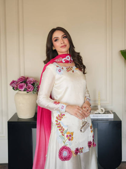 Heavy Roman Glass Silk Embroidered Sharara Suit Set with Chiffon Dupatta