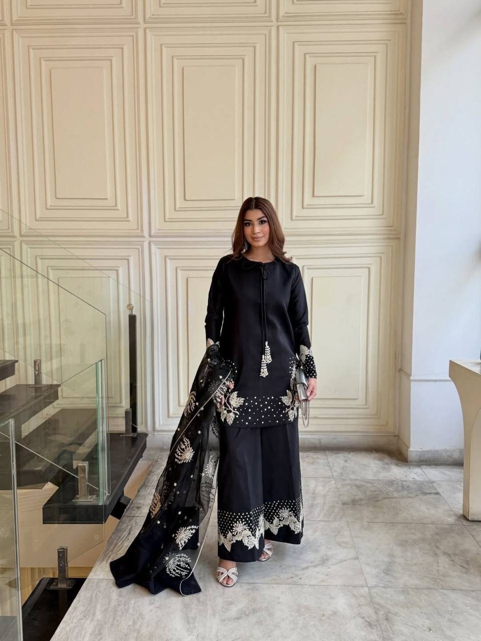 Elegant Natural Crepe Embroidered Top Palazzo Set with Organza Dupatta