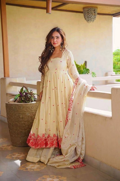 Pure Cosmos Silk Anarkali Sharara Set with Embroidered Dupatta