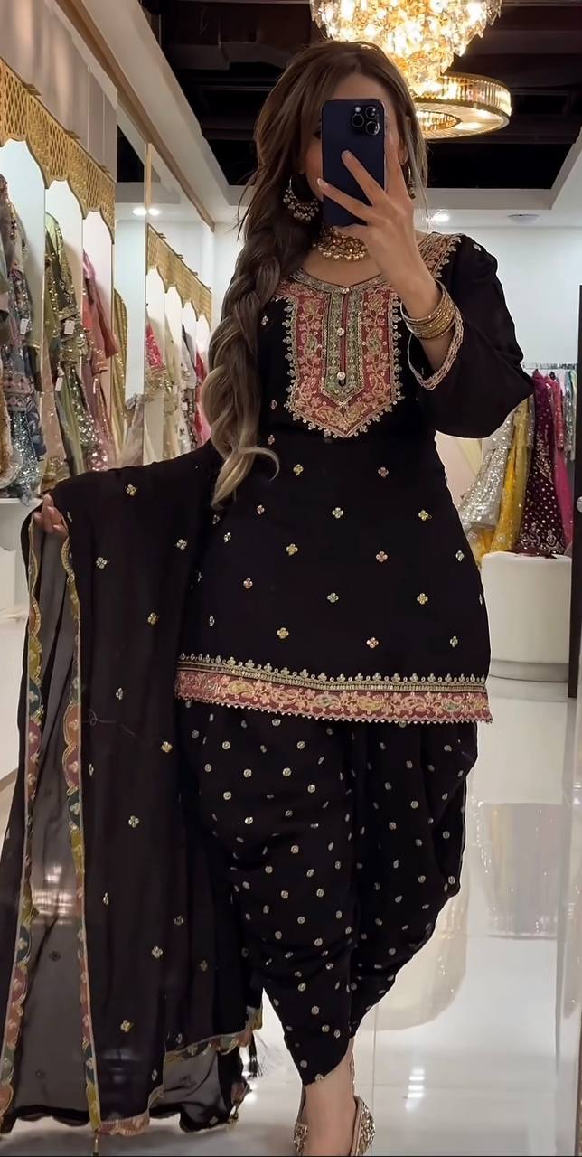 Premium Embroidered Georgette Dhoti Style Suit with Dupatta