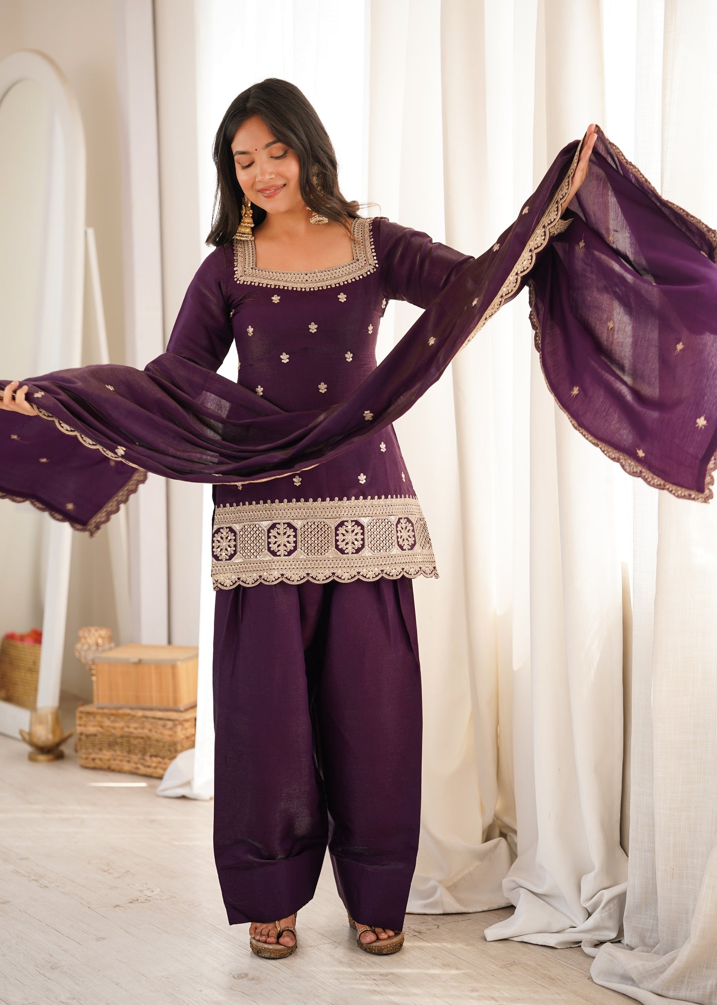 Premium Glass Roman Silk Embroidered Kurta Farshi Shalwar Set with Dupatta