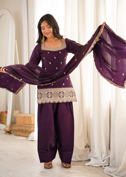 Premium Glass Roman Silk Embroidered Kurta Farshi Shalwar Set with Dupatta