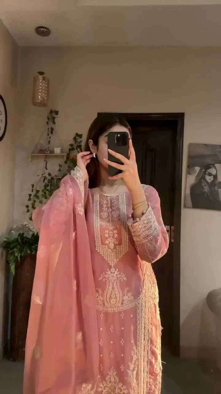 Peach Embroidered Kurta Palazzo Set with Dupatta – Elegant Festive Wear