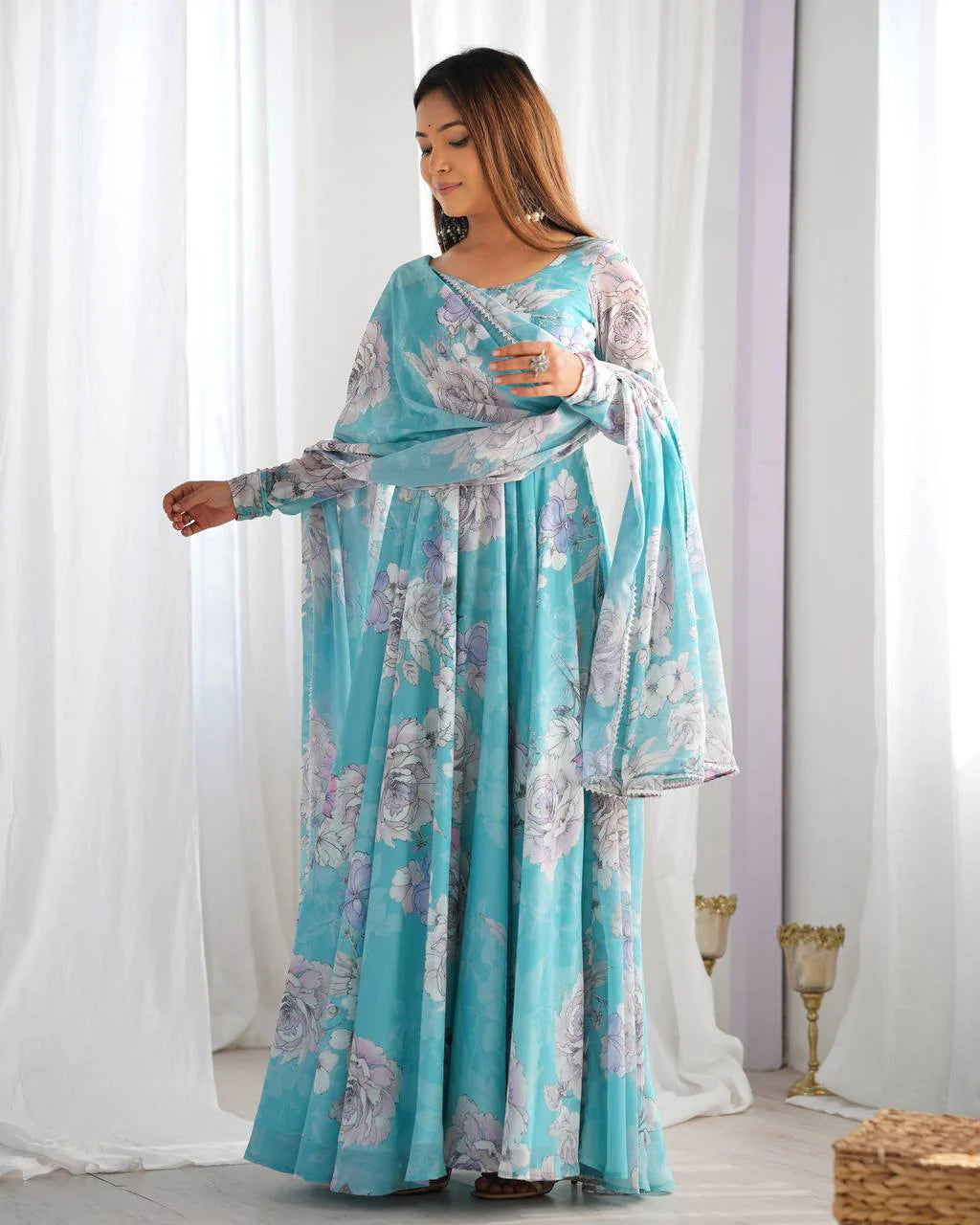 Designer Floral Print Fox Georgette Anarkali Gown