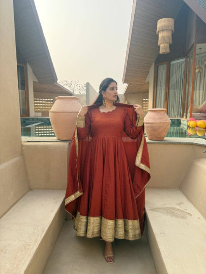 Heavy NC Vichitra Embroidered Anarkali Suit Set with Pant & Sequence Dupatta