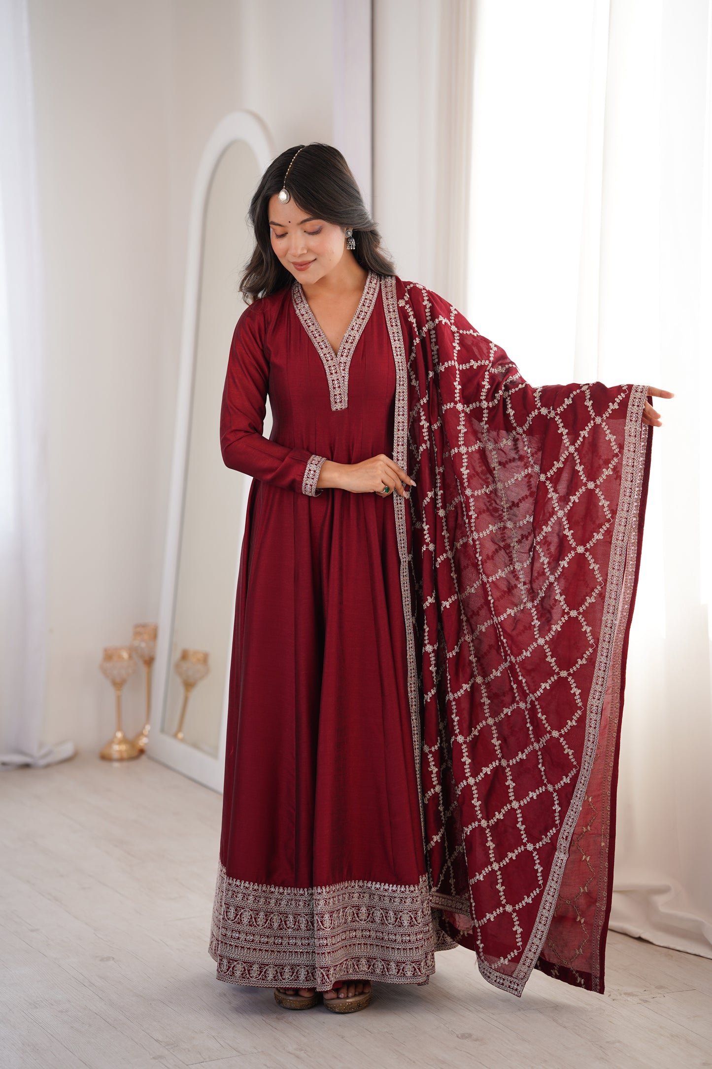 Royal Blooming Vichitra Silk Full Kali Anarkali Gown Set