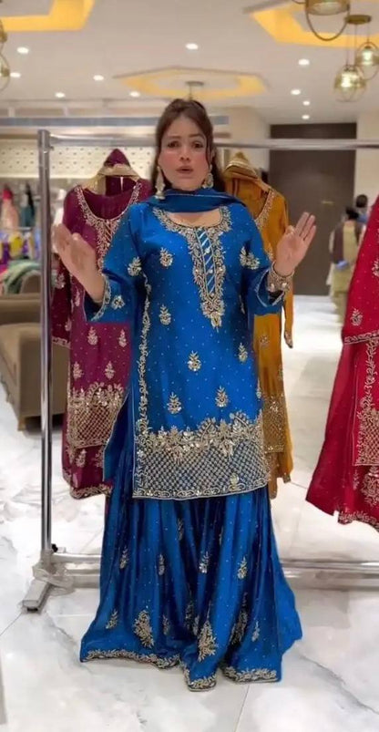 Heavy Chinon Silk Sequence Embroidery Sharara Set with Dupatta