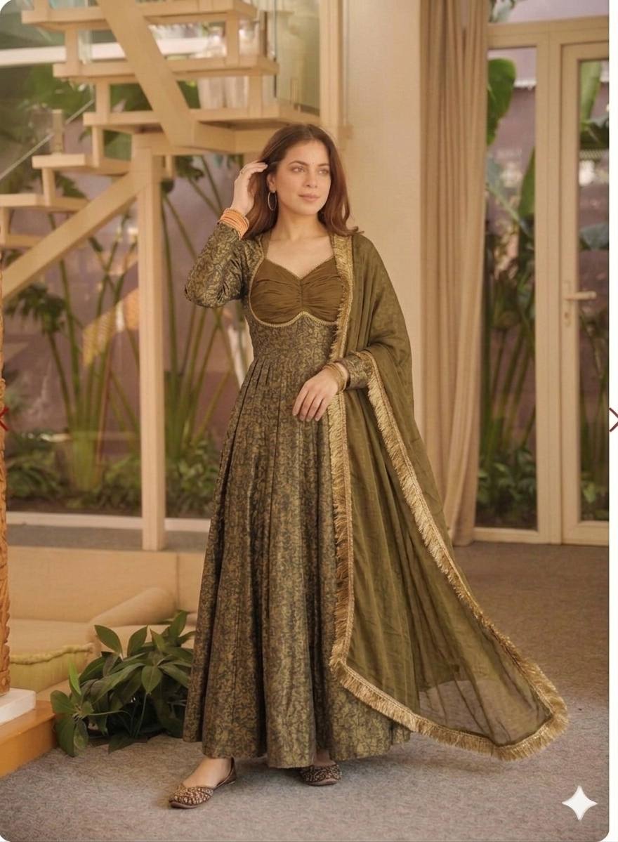 Women's Floral Brocade Jacquard Anarkali Suit Set with Pant & Dupatta