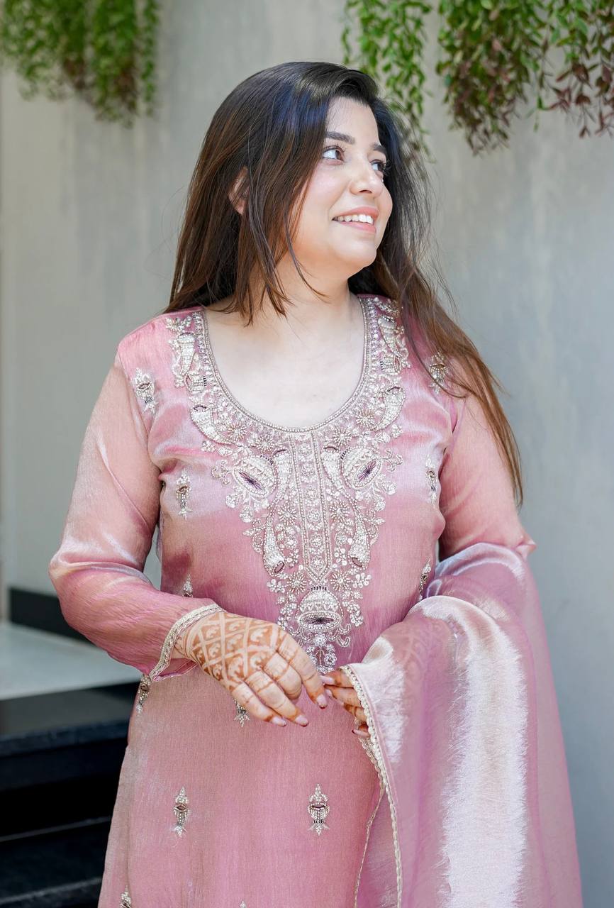 Elegant Heavy Embroidered Satin Suit Set for Women