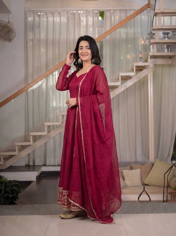 Heavy Crunchy Silk Embroidered Anarkali Kurta Set with Pant & Dupatta
