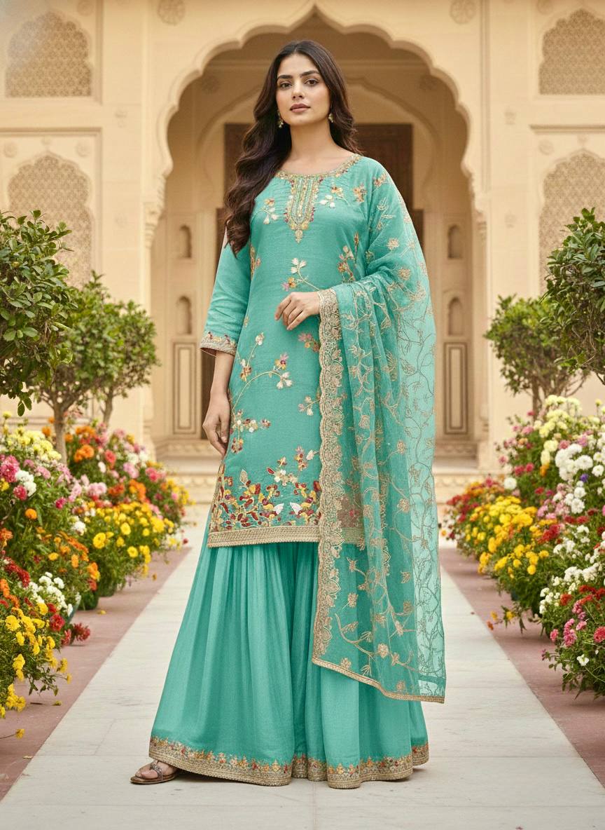 Designer Sequence Work Silk Suit with Fancy Bell Sleeves