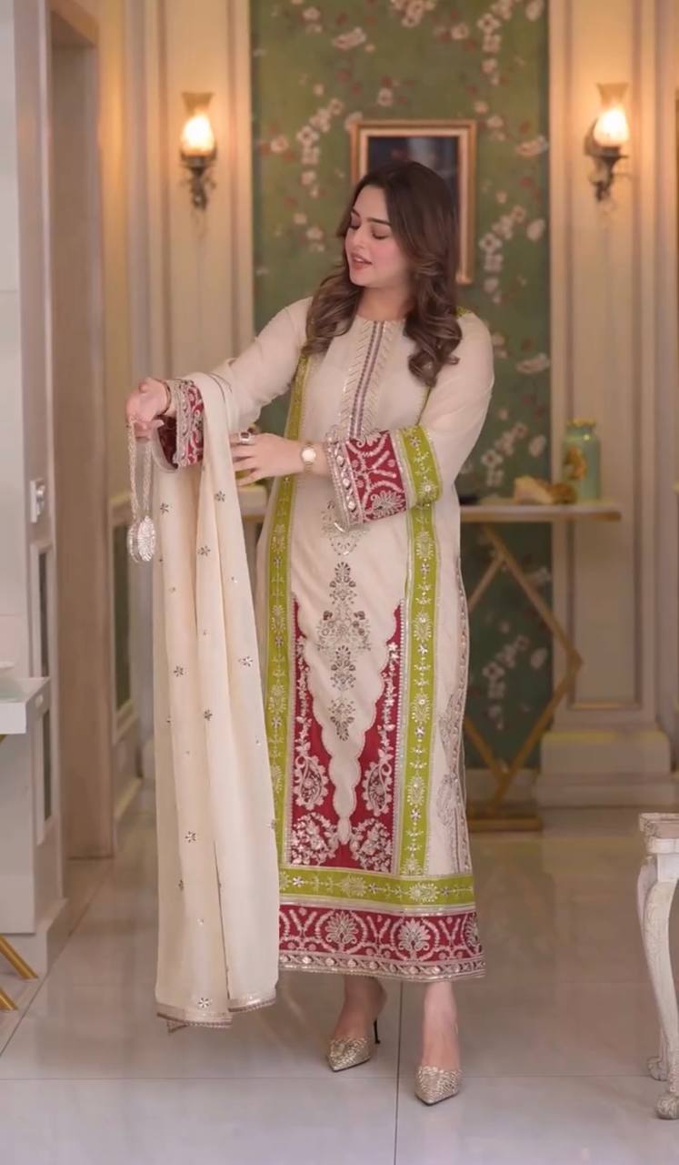 Premium Roman Silk Embroidered Kurta Set