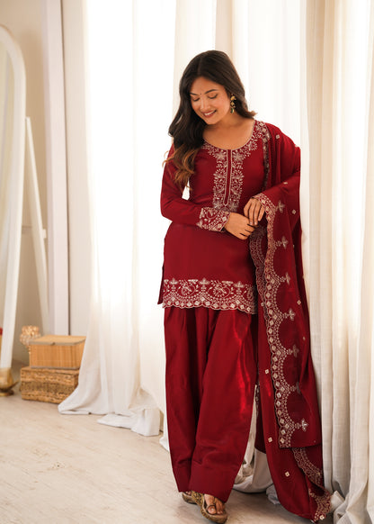 Elegant Glass Roman Silk Kurta Farshi Shalwar Set with Embroidered Dupatta