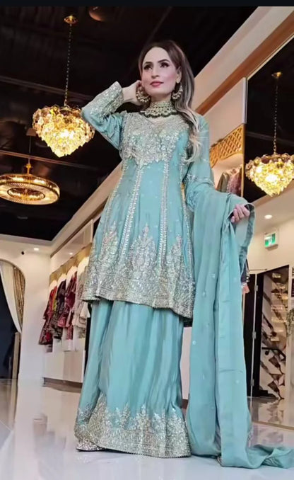Heavy Chinon Silk Embroidered Top Sharara Palazzo Set with Dupatta