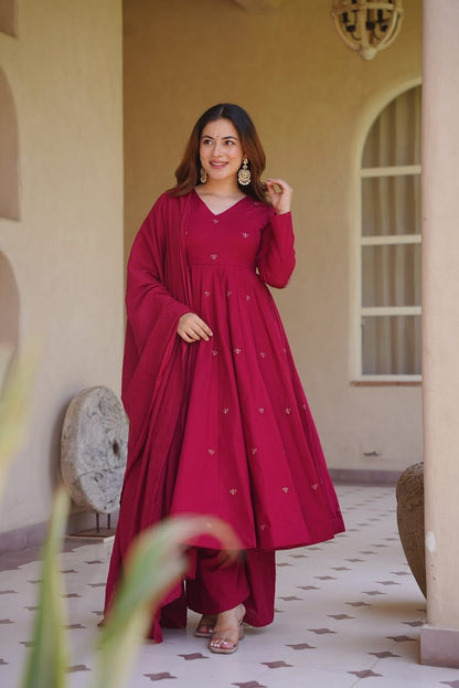 Heavy Roman Silk Embroidered Anarkali Kurta Set with Palazzo & Chanderi Silk Dupatta