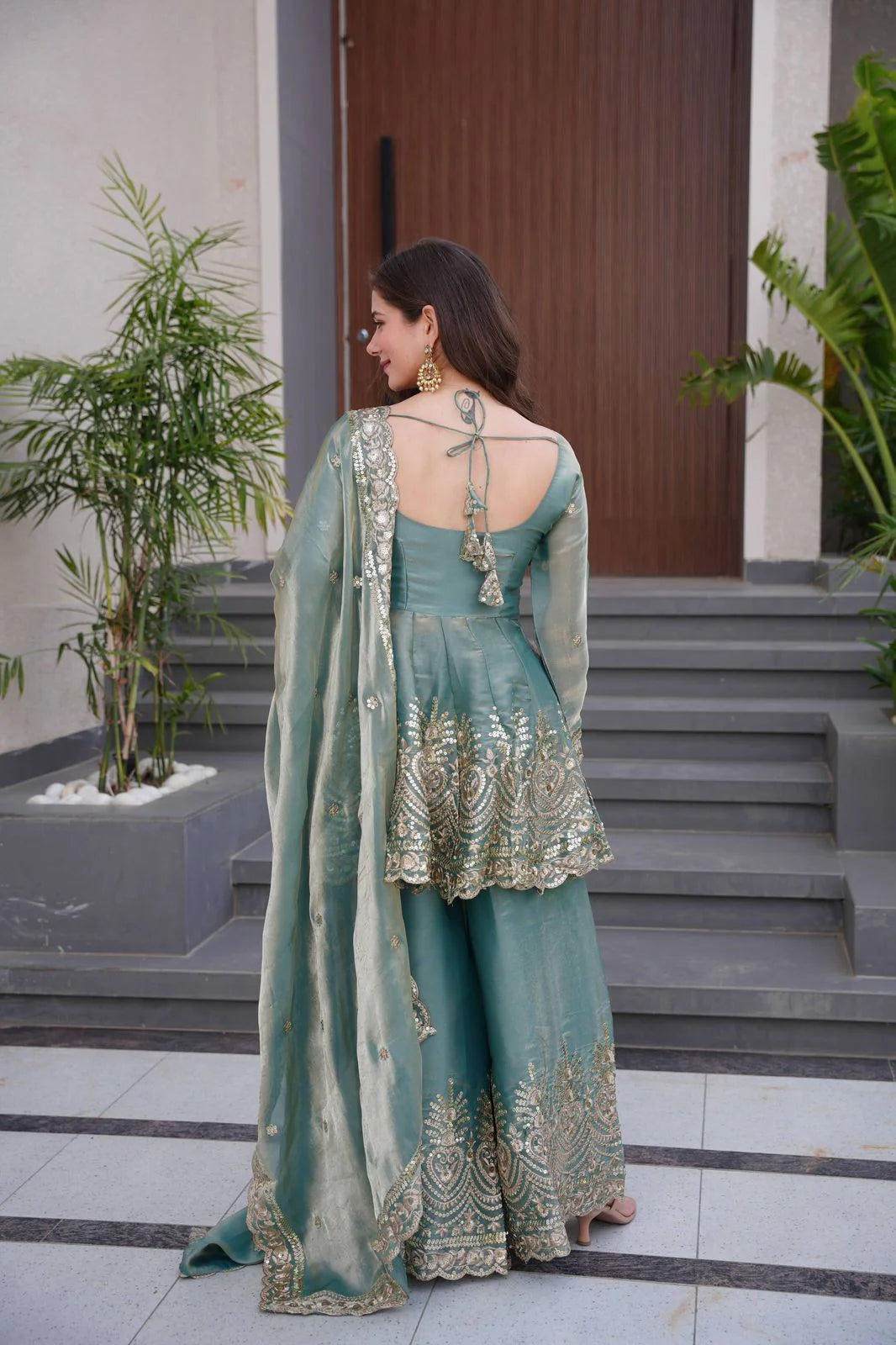 Designer Party Wear Two-Tone Fendy Satin Silk Gown Sharara Set with Heavy Embroidery, Real Mirror Work & Dupatta