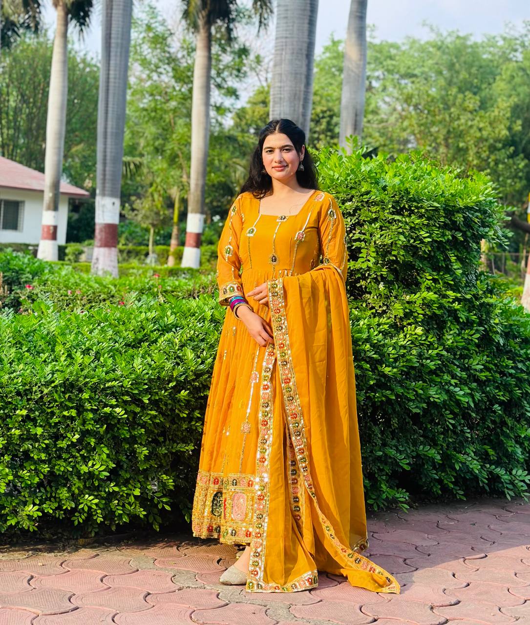 Women’s Faux Georgette Anarkali Suit with 5mm Sequins Embroidery Work, Fully Stitched, Party Wear Set with Dupatta & Pant